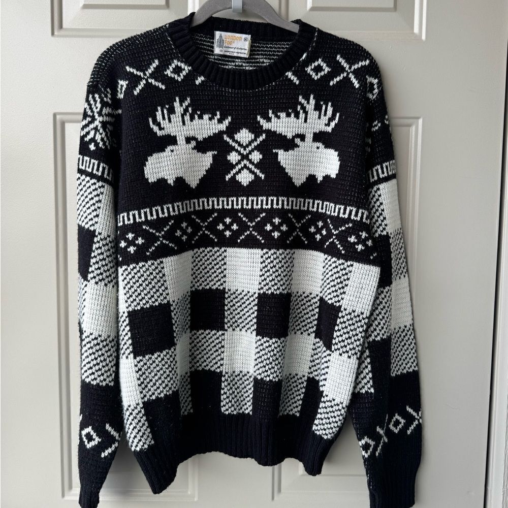 Vintage London Fog Men’s Sweater XL Black White Deer Plaid Knit Grandpacore‎ 90s